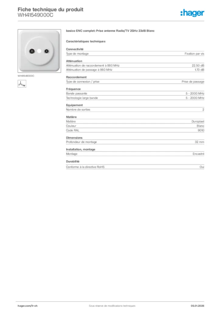 Image Hager Fiche technique du produit WH41549000C | Hager Suisse
