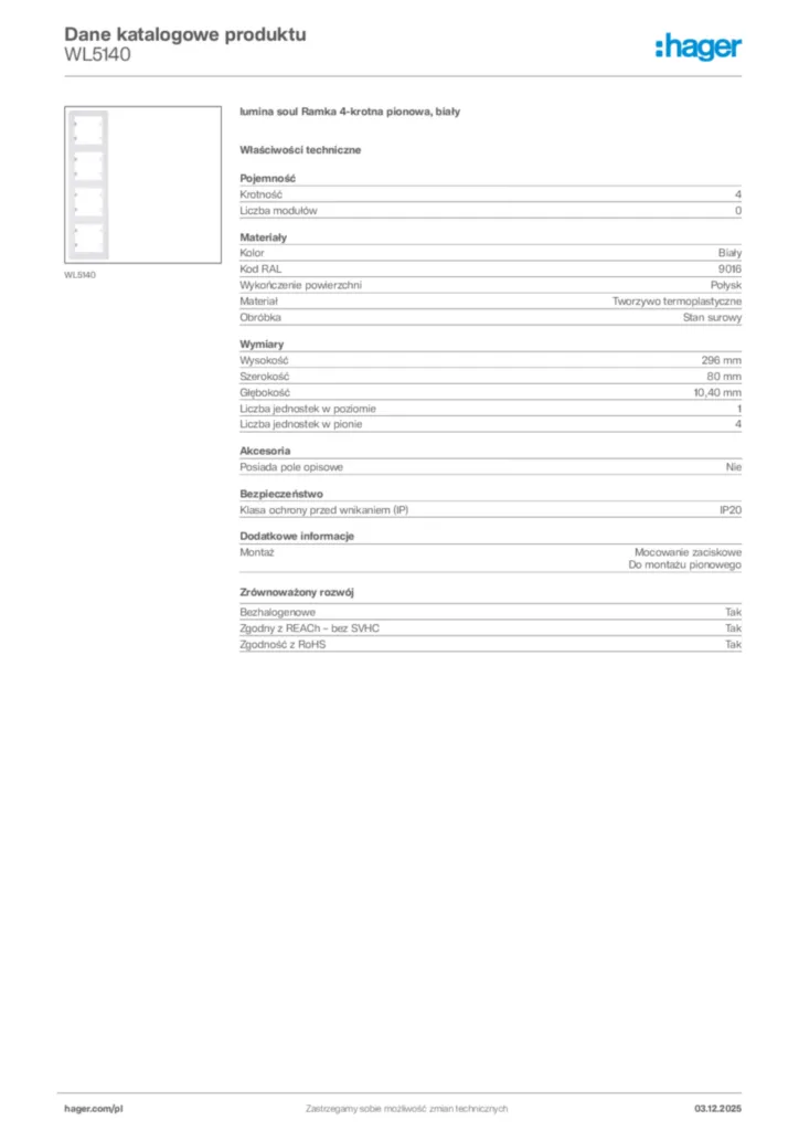 Zdjęcie Hager Karta katalogowa WL5140 | Hager Polska
