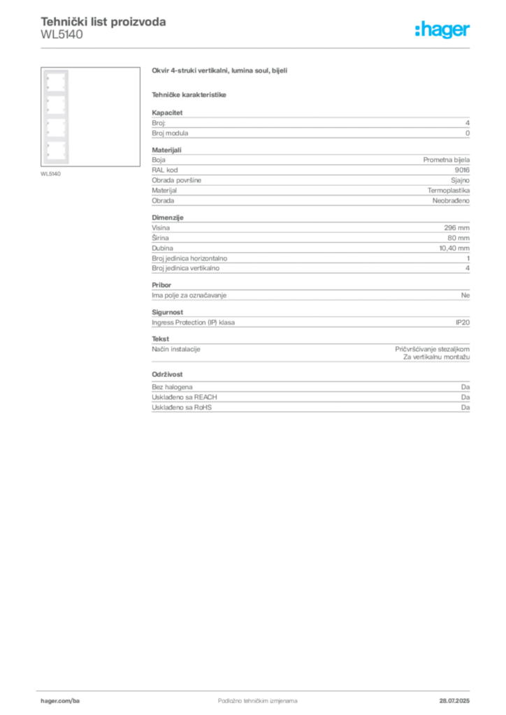 Slika Hager Product data sheet WL5140  | Hager