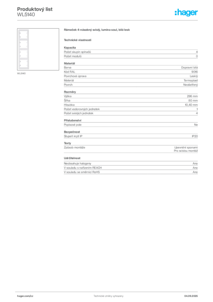 Obrázek Hager Produktový list WL5140 | Hager
