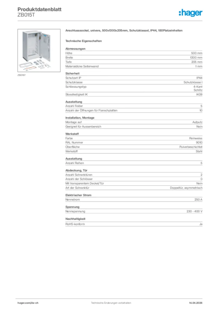 Bild Hager Produktdatenblatt ZB015T | Hager Schweiz