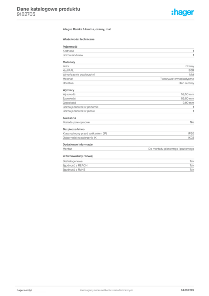 Zdjęcie Hager Dane katalogowe produktu 9182705 | Hager Polska