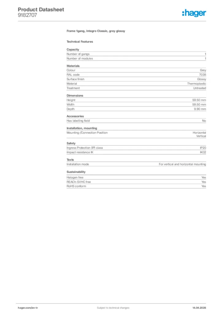 Image Hager Product data sheet 9182707  | Hager