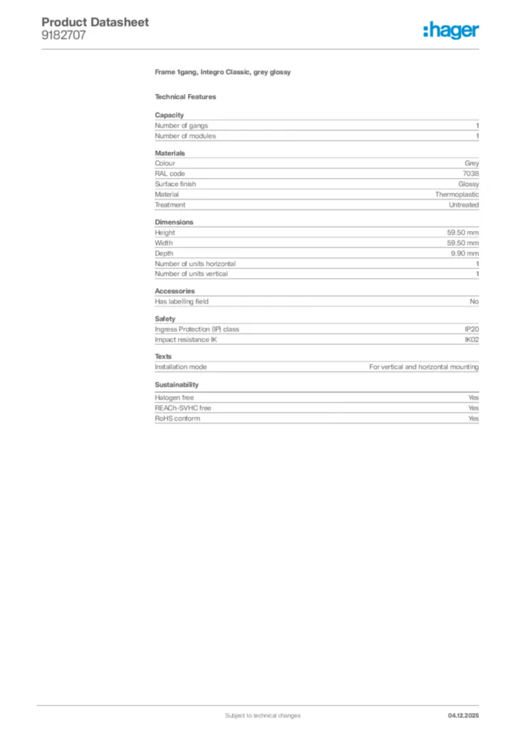 Image Hager Product data sheet 9182707  | Hager
