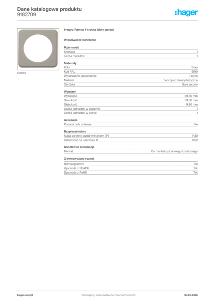 Zdjęcie Hager Dane katalogowe produktu 9182709 | Hager Polska