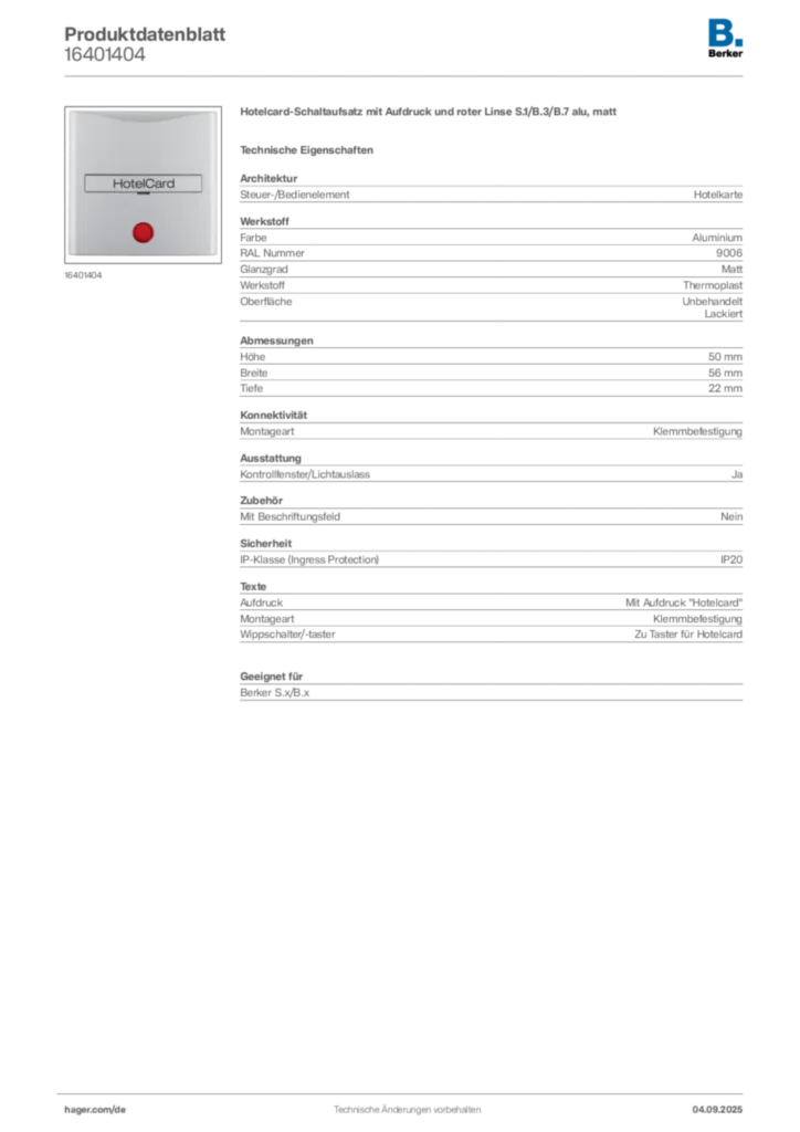 Bild Berker Produktdatenblatt 16401404 | Hager Deutschland