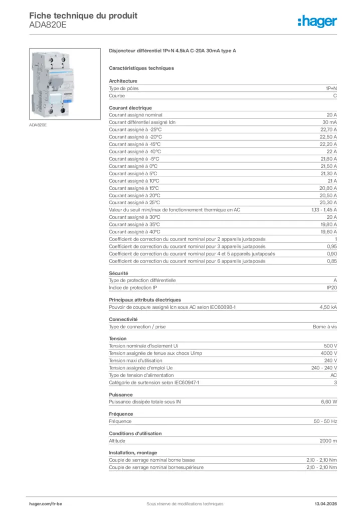Image Hager Fiche technique du produit ADA820E | Hager Belgique