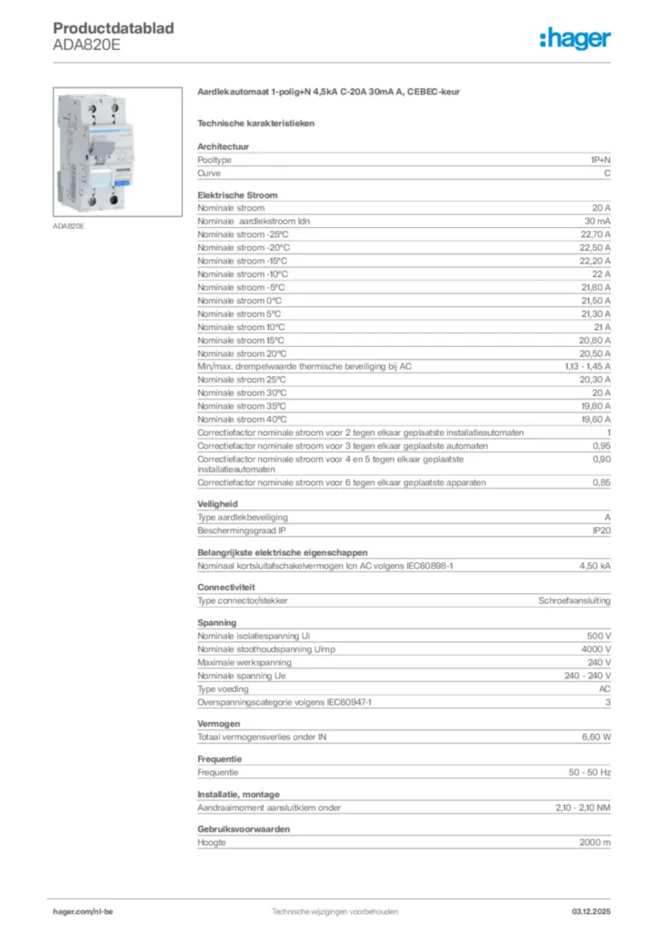 Afbeelding Hager Productdatablad ADA820E | Hager Belgium
