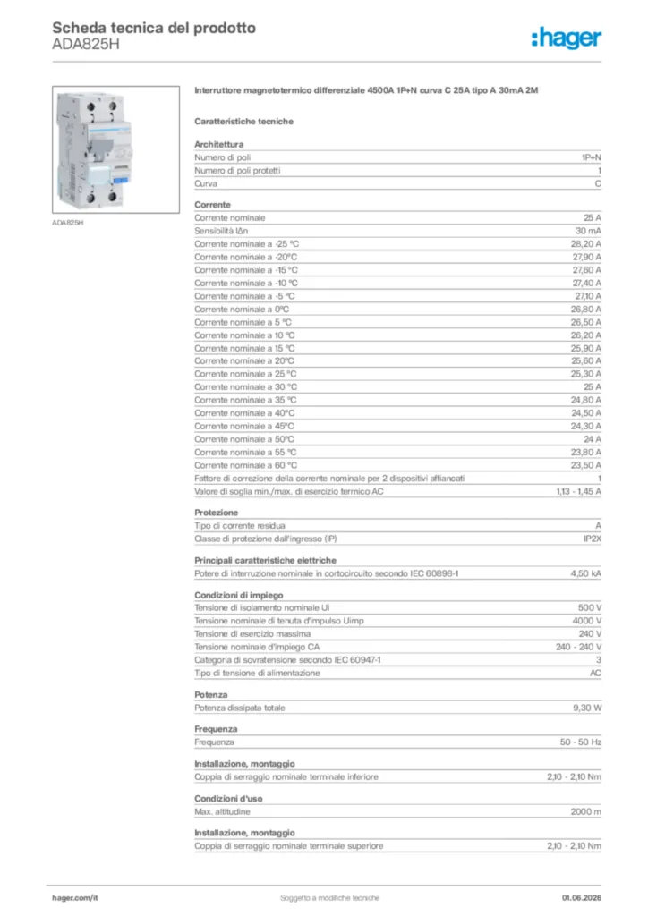 Immagine Hager Scheda tecnica del prodotto ADA825H | Hager Italia