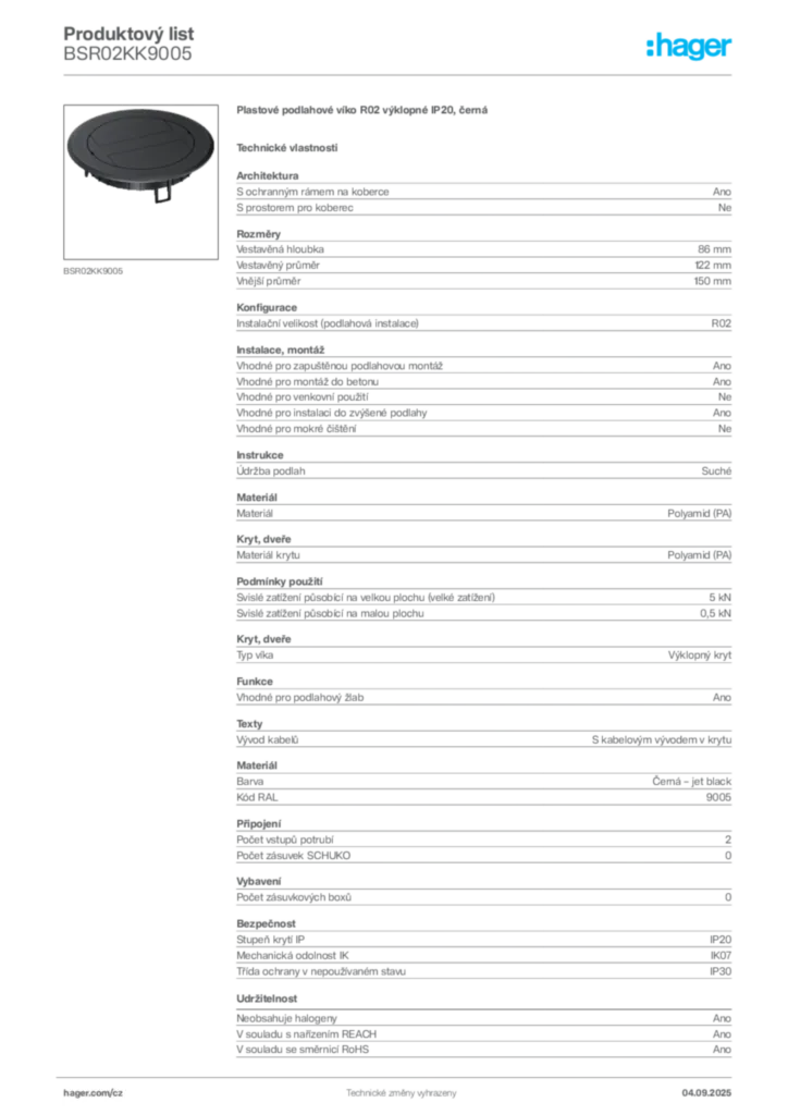 Obrázek Hager Produktový list BSR02KK9005 | Hager