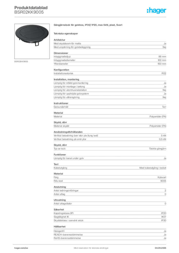 Bild Hager Produktdatablad BSR02KK9005 | Hager Sverige