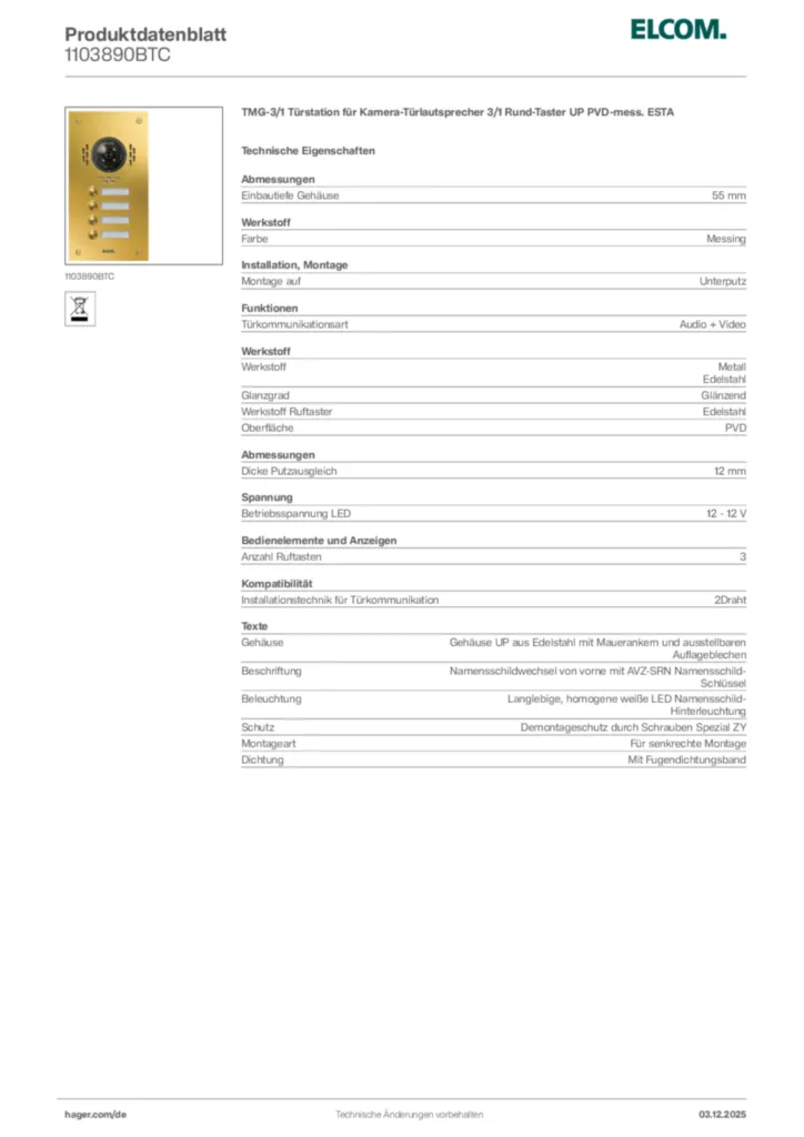 Bild Elcom Produktdatenblatt 1103890BTC | Hager Deutschland