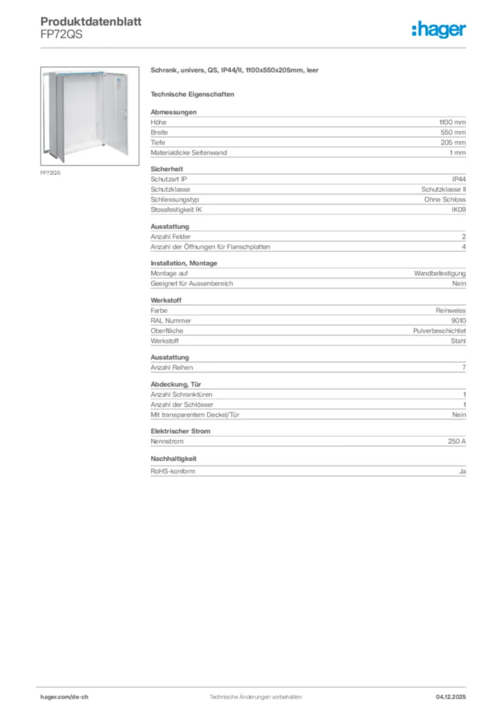 Bild Hager Produktdatenblatt FP72QS | Hager Schweiz