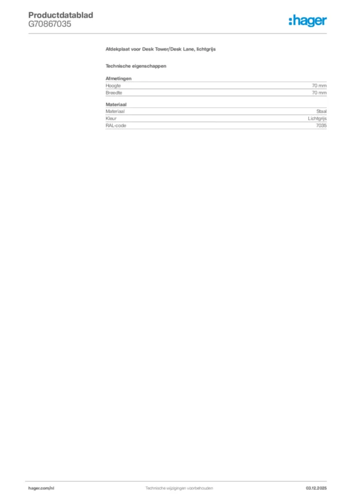Afbeelding Hager Productdatablad G70867035 | Hager Nederland