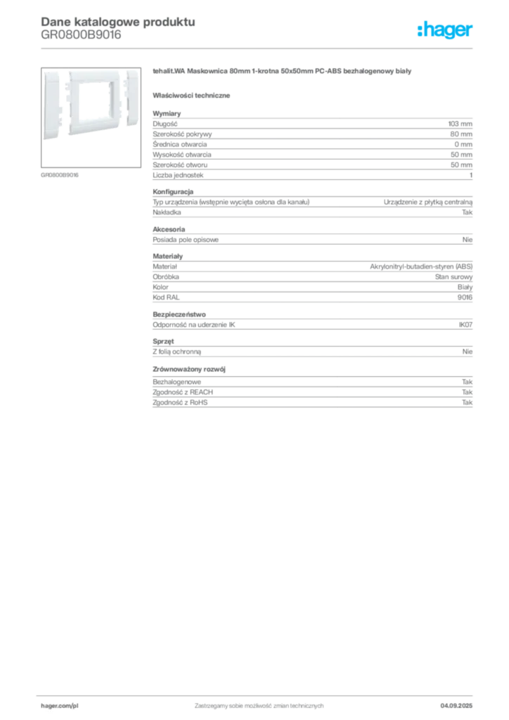 Zdjęcie Hager Dane katalogowe produktu GR0800B9016 | Hager Polska