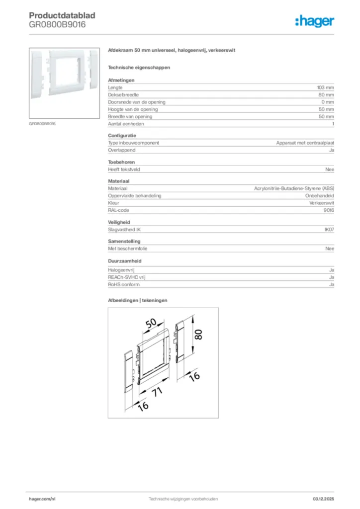 Afbeelding Hager Productdatablad GR0800B9016 | Hager Nederland
