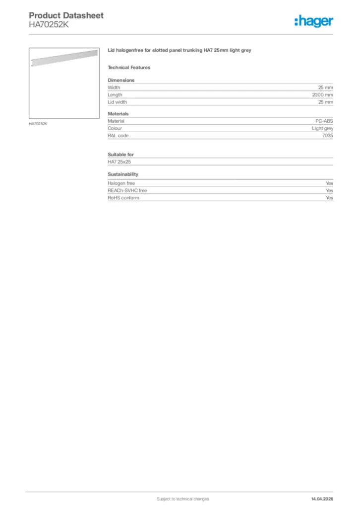 Image Hager Product data sheet HA70252K  | Hager Africa