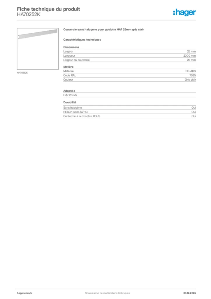 Image Hager Fiche technique du produit HA70252K | Hager France