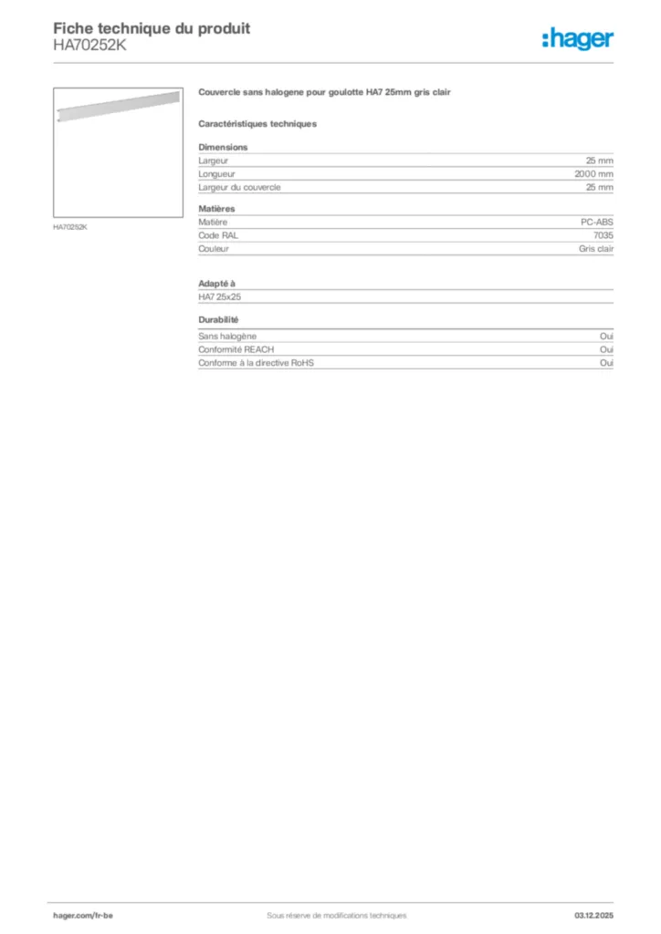 Image Hager Fiche technique du produit HA70252K | Hager Belgique