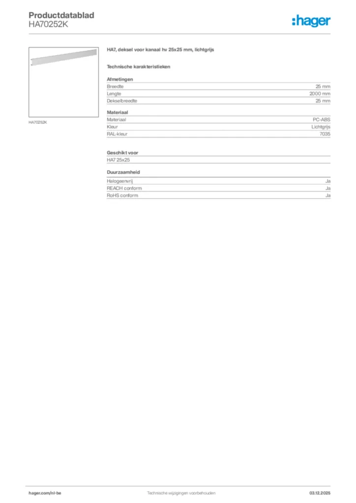 Afbeelding Hager Productdatablad HA70252K | Hager Belgium