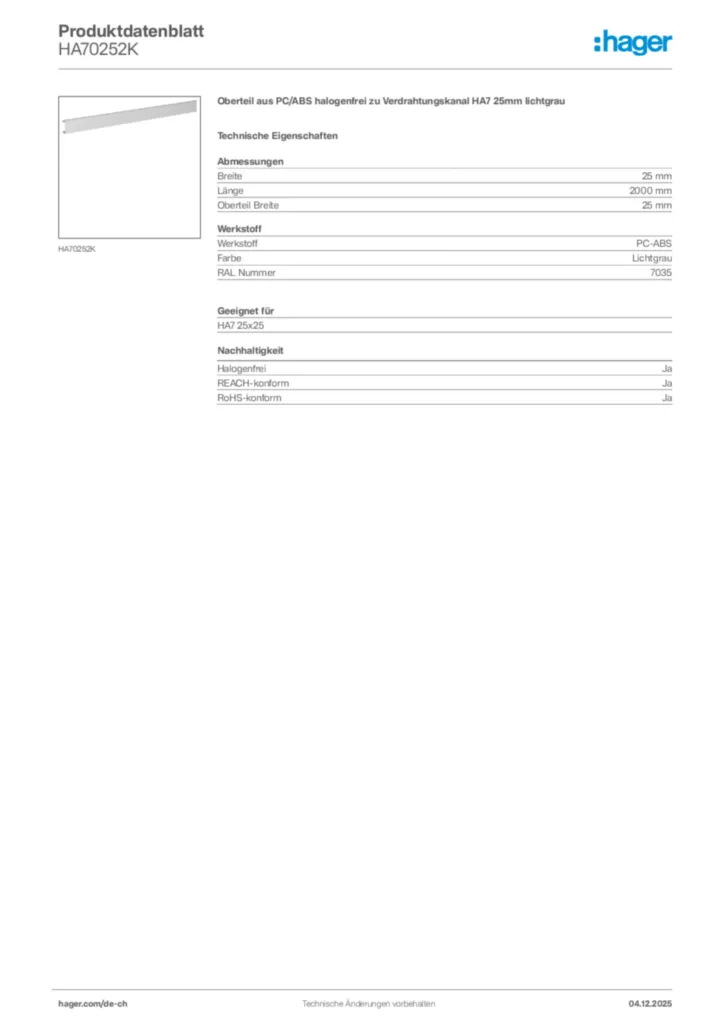 Bild Hager Produktdatenblatt HA70252K | Hager Schweiz