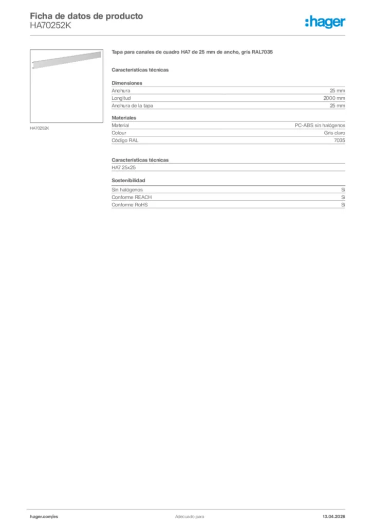 Imagen Hager Ficha de datos de producto HA70252K | Hager España