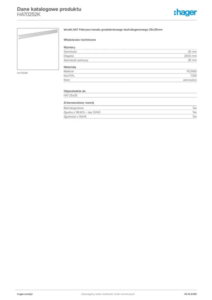 Zdjęcie Hager Dane katalogowe produktu HA70252K | Hager Polska