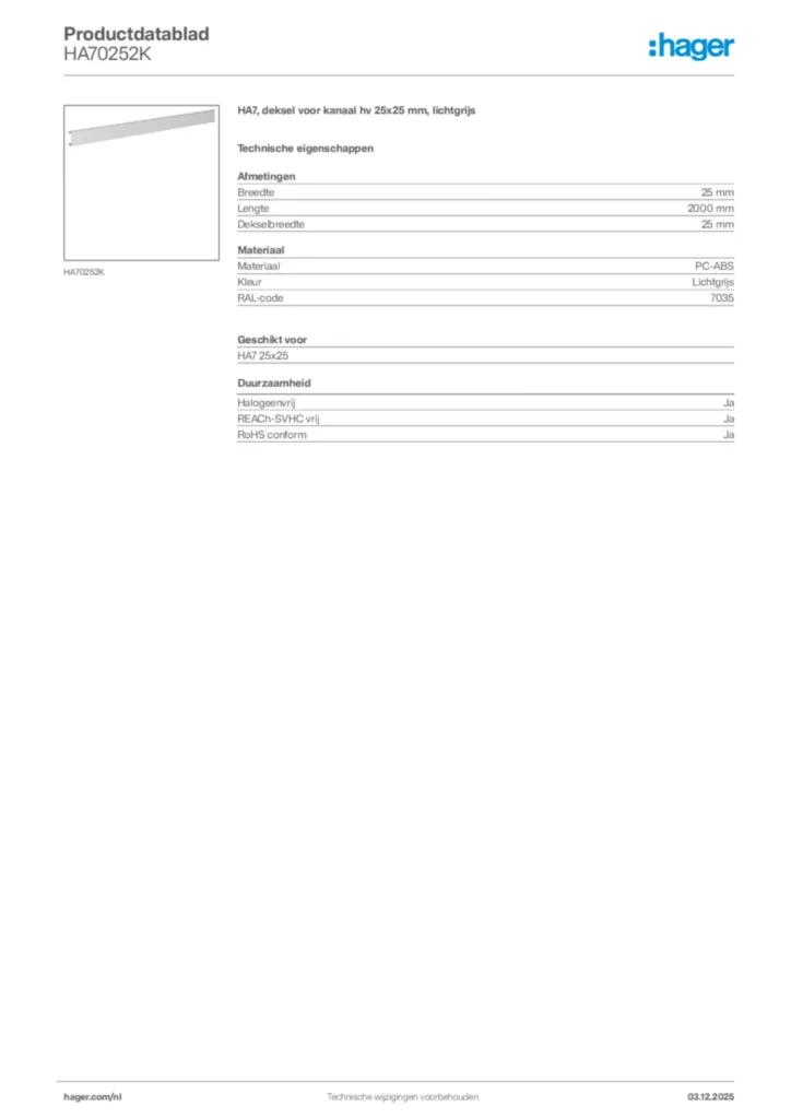 Afbeelding Hager Productdatablad HA70252K | Hager Nederland