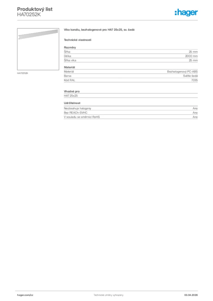 Obrázek Hager Product data sheet HA70252K | Hager