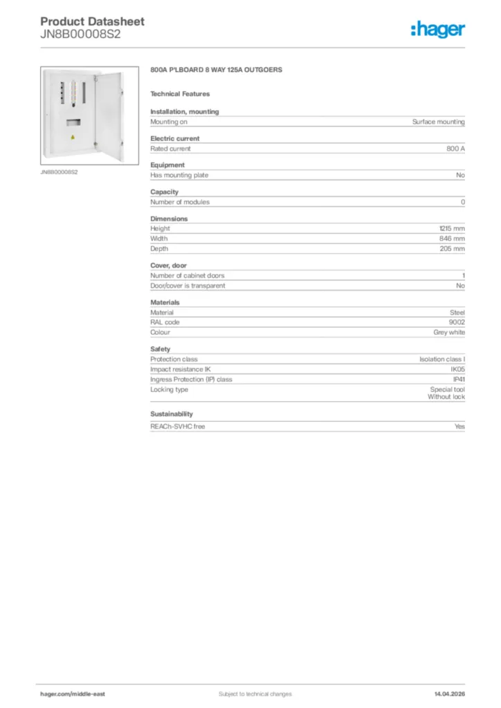 Image Hager Product data sheet JN8B00008S2  | Hager