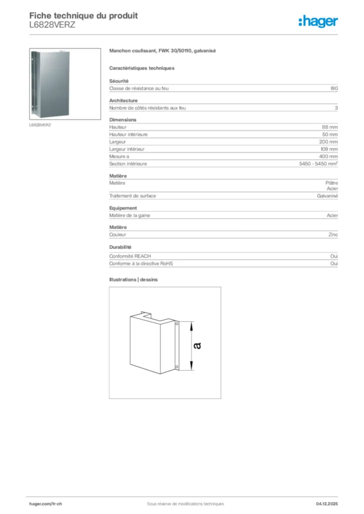 Image Hager Fiche technique du produit L6828VERZ | Hager Suisse