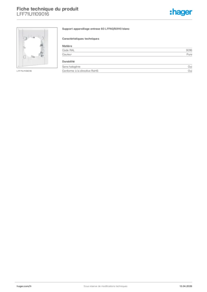Image Hager Fiche technique du produit LFF71U1109016 | Hager France