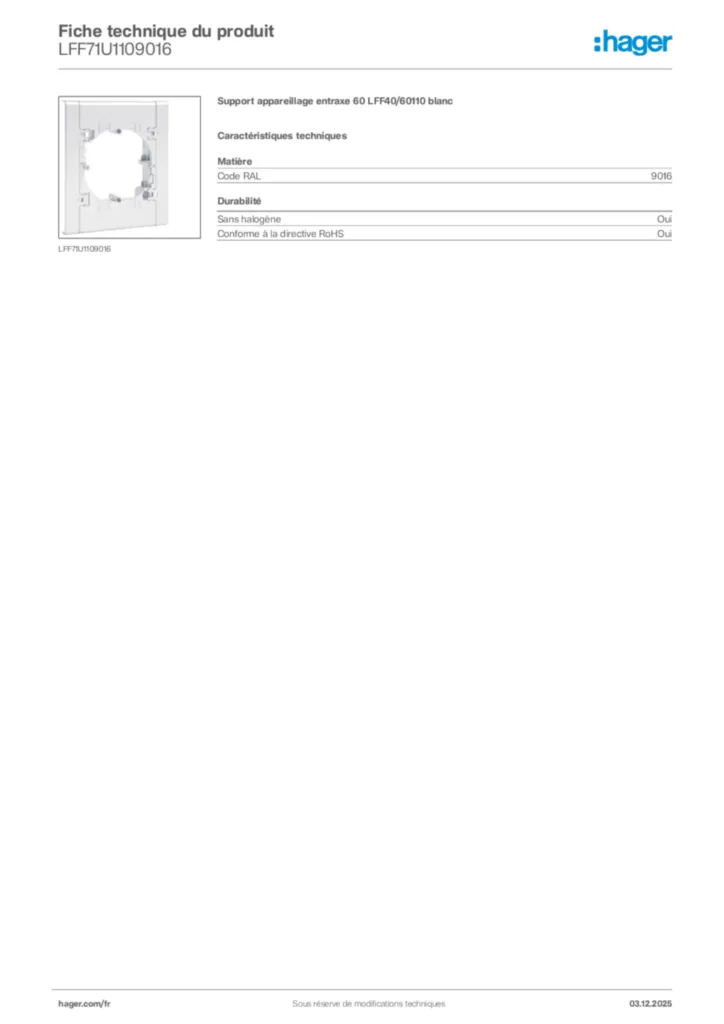 Image Hager Fiche technique du produit LFF71U1109016 | Hager France