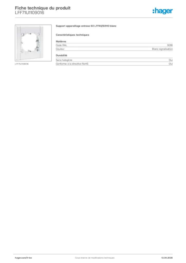 Image Hager Fiche technique du produit LFF71U1109016 | Hager Belgique