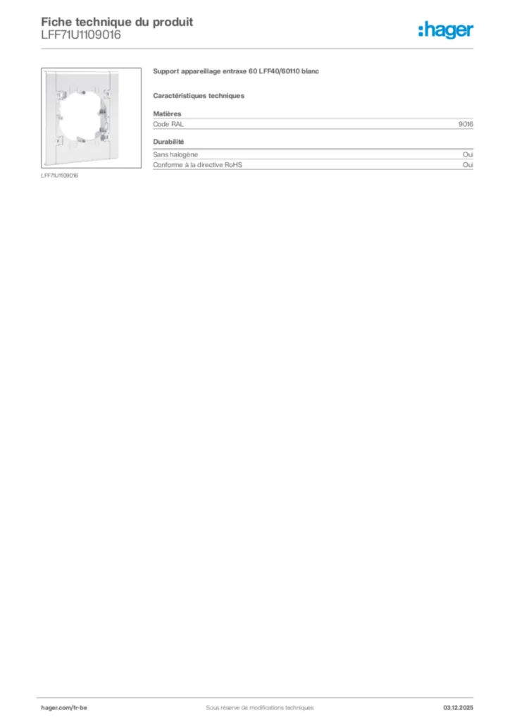 Image Hager Fiche technique du produit LFF71U1109016 | Hager Belgique
