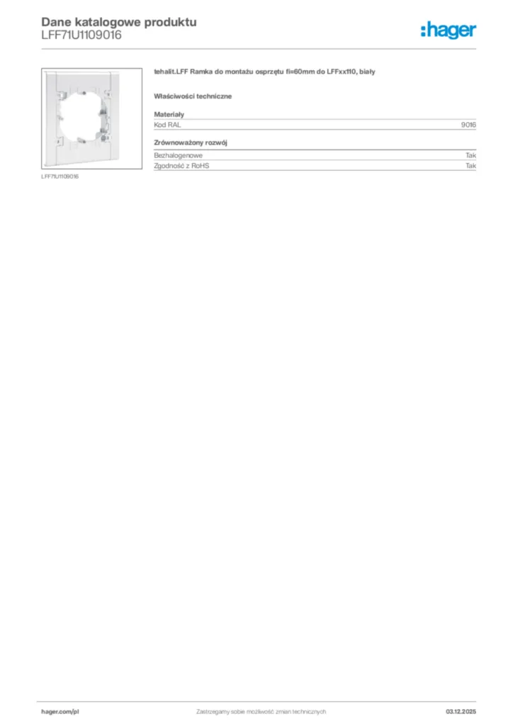 Zdjęcie Hager Dane katalogowe produktu LFF71U1109016 | Hager Polska