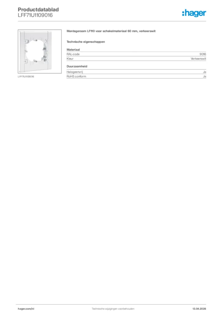 Afbeelding Hager Productdatablad LFF71U1109016 | Hager Nederland