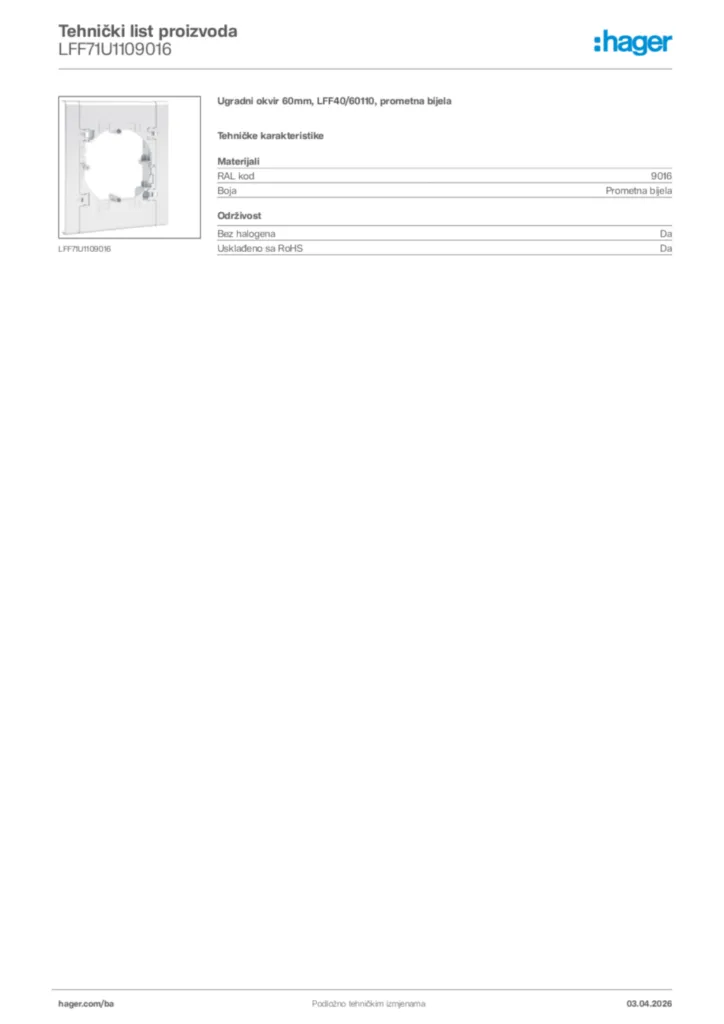Slika Hager Tehnički list proizvoda LFF71U1109016  | Hager