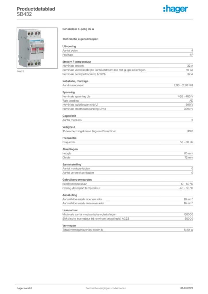 Afbeelding Hager Productdatablad SB432 | Hager Nederland