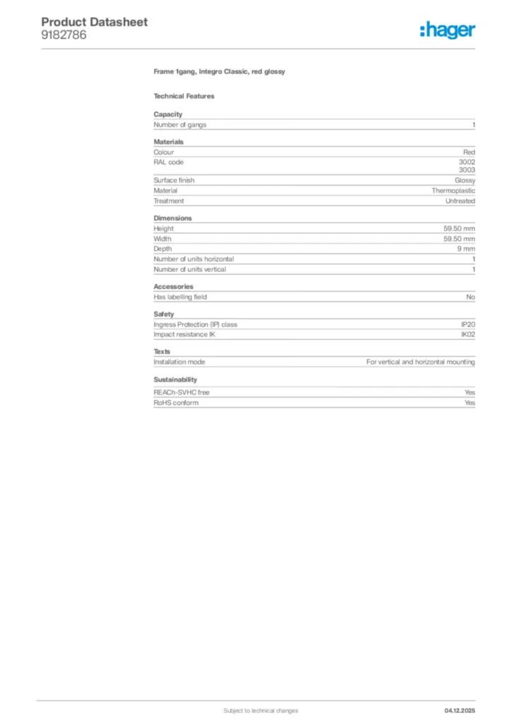 Image Hager Product data sheet 9182786  | Hager