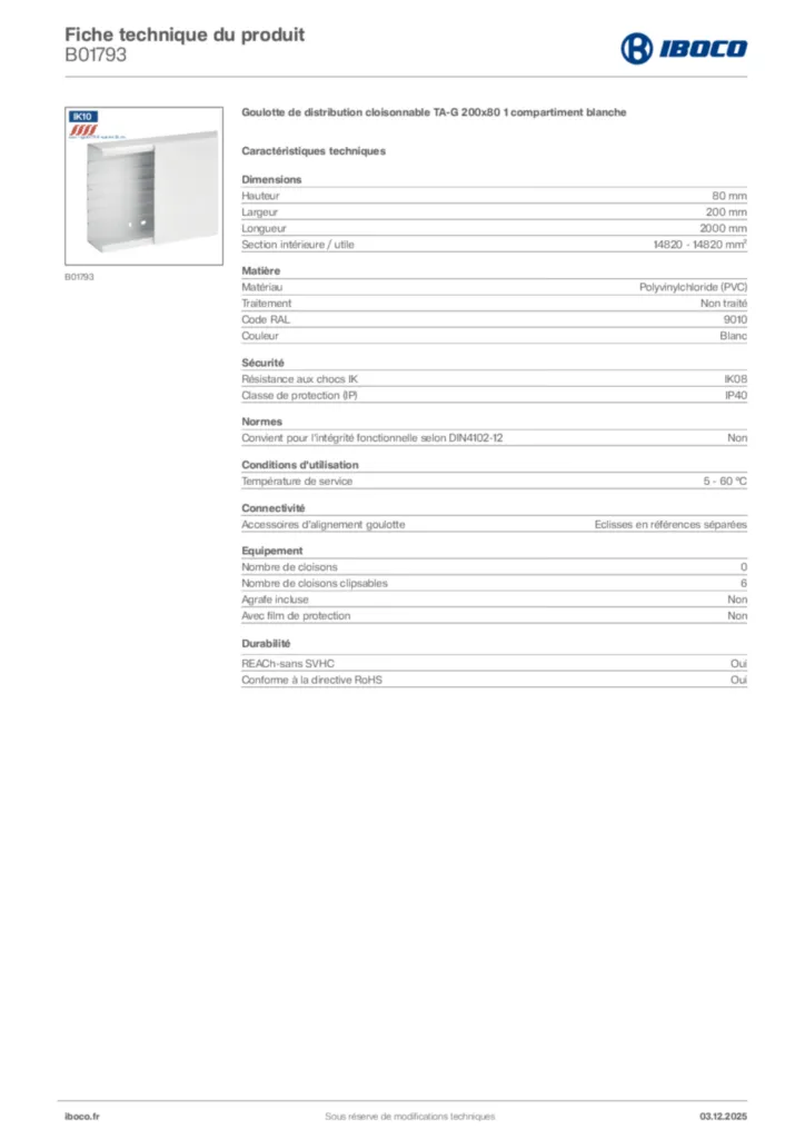 Image Iboco Fiche technique du produit B01793 | Hager France