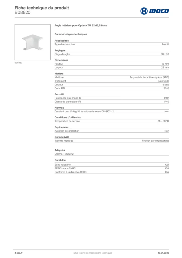 Image Iboco Fiche technique du produit B08820 | Hager France