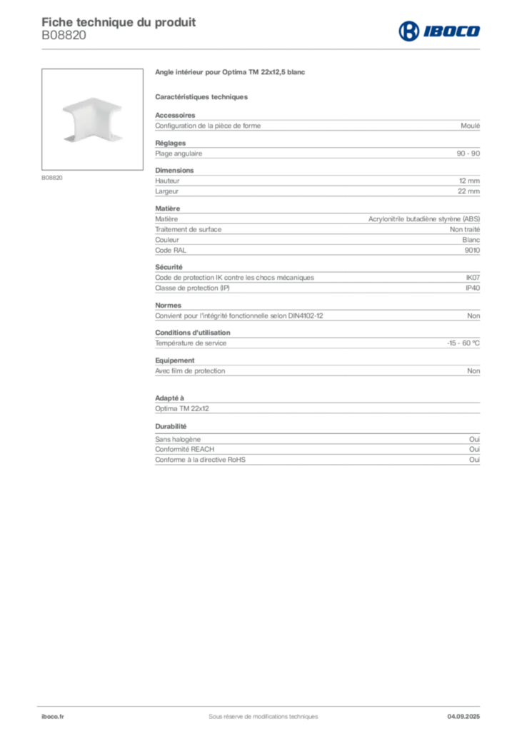 Image Iboco Fiche technique du produit B08820 | Hager France