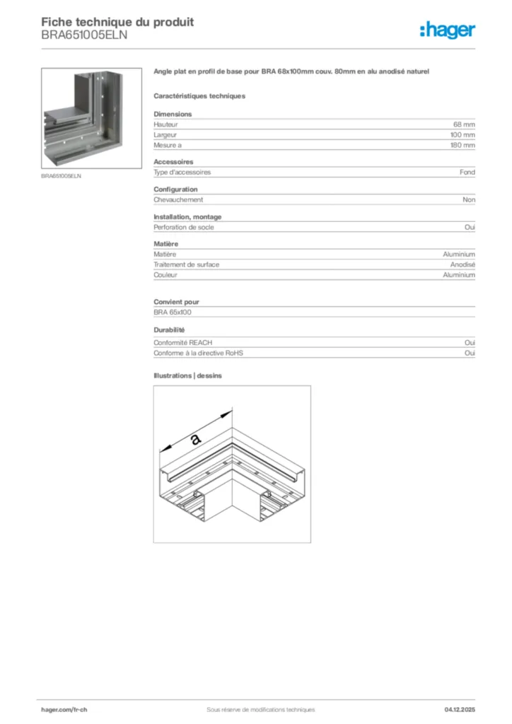 Image Hager Fiche technique du produit BRA651005ELN | Hager Suisse