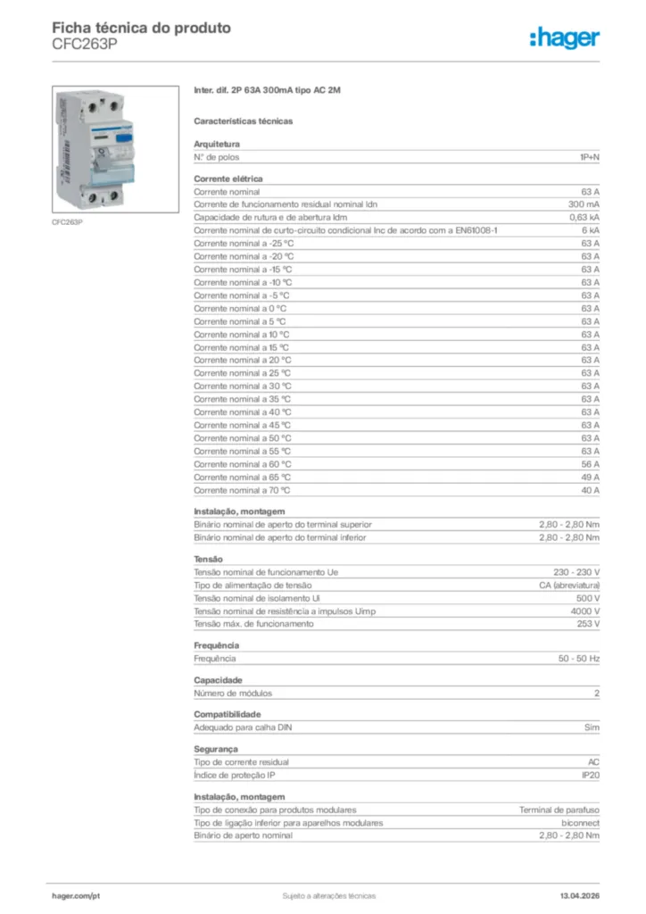 Imagem Hager Ficha técnica do produto CFC263P | Hager Portugal