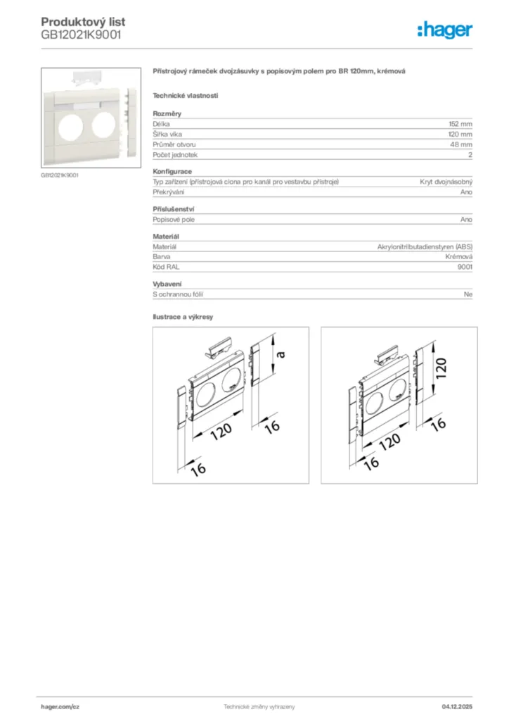 Obrázek Hager Product data sheet GB12021K9001 | Hager