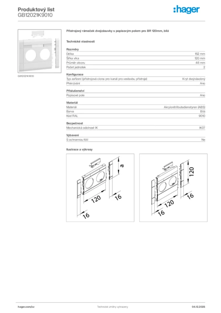 Obrázek Hager Produktový list GB12021K9010 | Hager