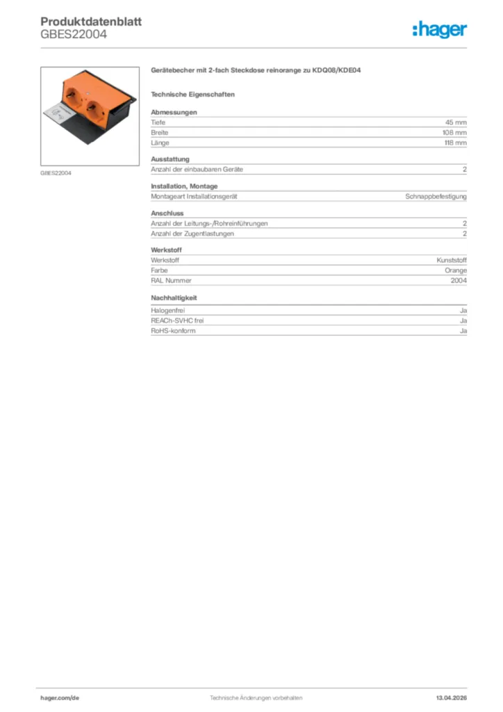 Bild Hager Produktdatenblatt GBES22004 | Hager Deutschland
