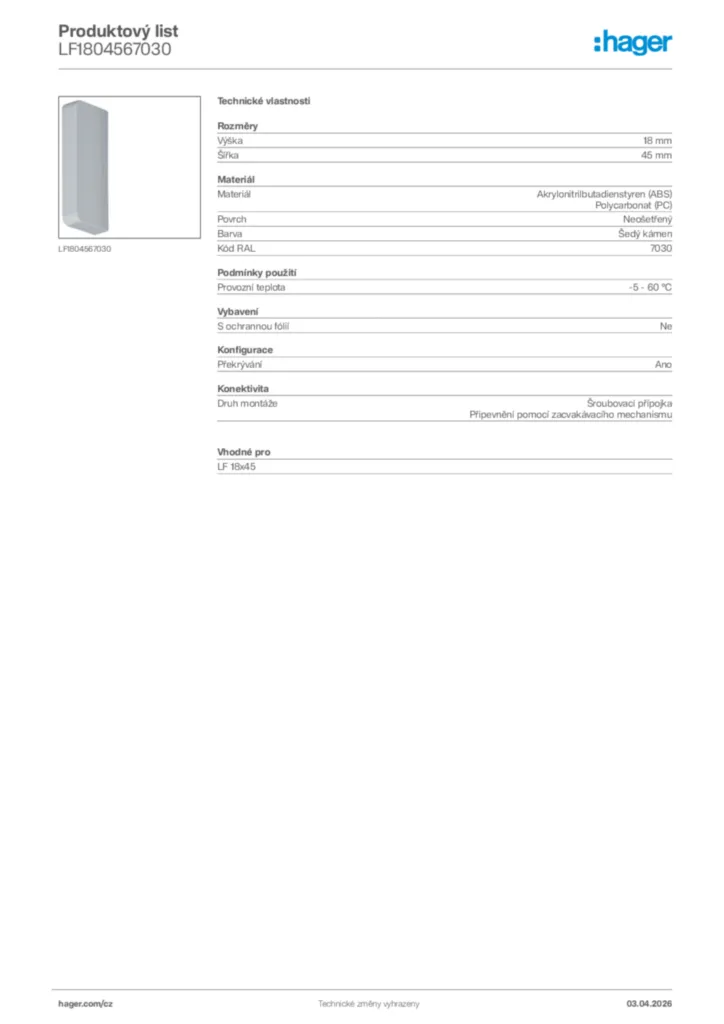 Obrázek Hager Product data sheet LF1804567030 | Hager