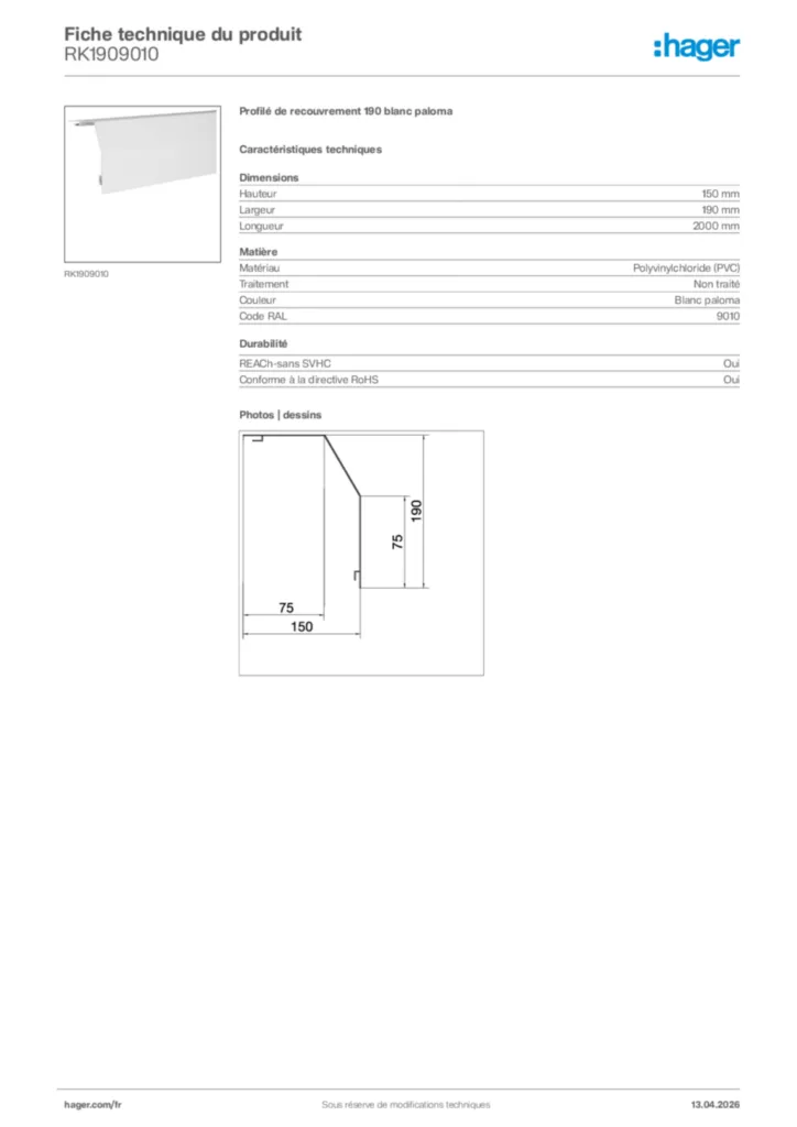 Image Hager Fiche technique du produit RK1909010 | Hager France